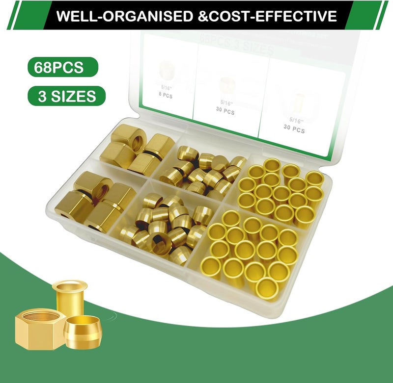 Japtend 68pcs 5/16" Brass Compression Sleeves Ferrules Inserts Nuts Fittings Assortment Kit, Air Hose Ferrules Kit of Air Water Fuel Oil Gas Tube Lines - Image 5